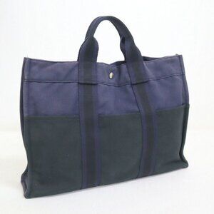 Hermes Fourre Tout MM Navy Black Canvas Tote